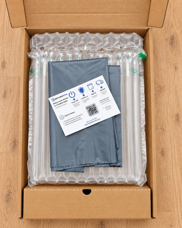 Laptop Return Kit: open cardboard box lined with inflatable air-column padding, with a grey mailing bag and a ReturnKits instruction card inside